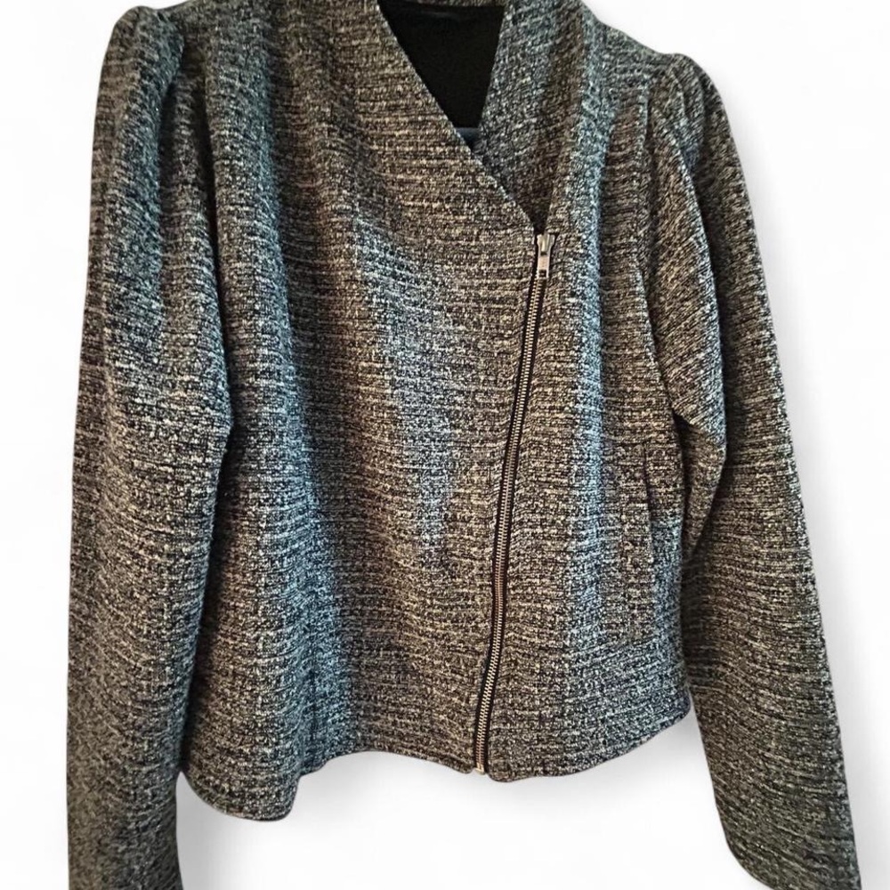 BANANA REPUBLIC Grey Textured boucle Zip-Front Women's Jacket. Puff shoulder.